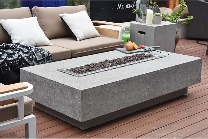 Hampton Concrete Fire Pit 56" x 32" Outdoor Patio Firepit Includes Lava Rocks Modern Fire Pits & Outdoor Fireplaces for Garden, Deck, Indoor & Outdoor Heating