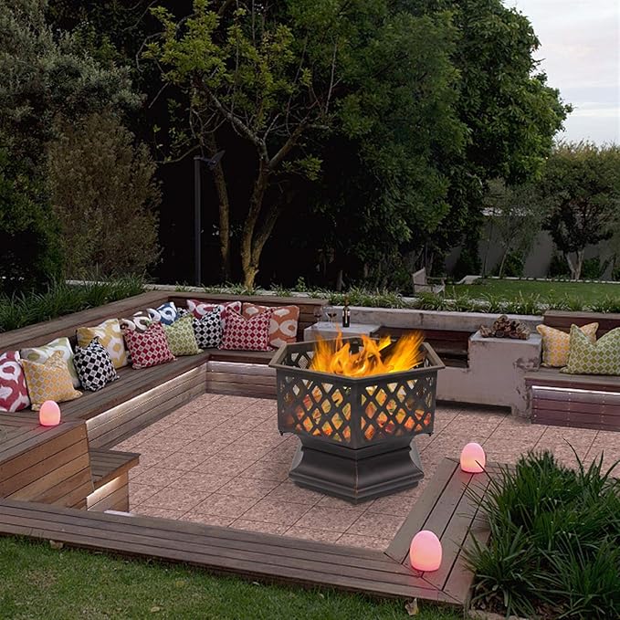 Outdoor Hex-Shaped Fire Pit, Portable Wood Burning Firepit for Outside, 22 Inch Metal Bonfire Fire Pits with Mesh Lid and Poker for Backyard Heating, Garden, Patio, Beach, Poolside, Picnic, Camping