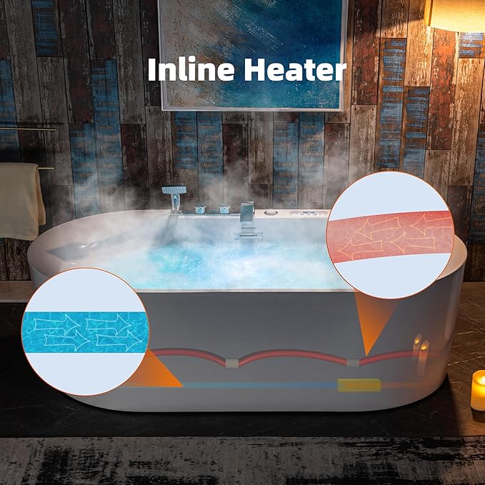 WOODBRIDGE 72" x 35-3/8" Whirlpool and Air Bath Heated Soaking Combination Tub with Adjustable Speed Air Blower, Tub Filler and Display Control Panel, White,BJ-600+F0041