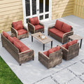 EAGLE PEAK Modern Wicker Outdoor Patio Furniture Set, Patio Conversation Set, 2 Chairs, 2 Swivel Rocker Chairs, 3-Seat Sofa, Loveseat, Coffee Table and Side Table, 8 Pieces, Brown/Red