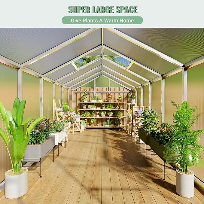 Greenhouse, 8x12 ft Greenhouse for Outdoors, Walk-in Green House with Ground Nails and Vent Windows, Sliding Lockable Door, Polycarbonate Green House for Outside Garden Backyard, Quick Setup, Silver