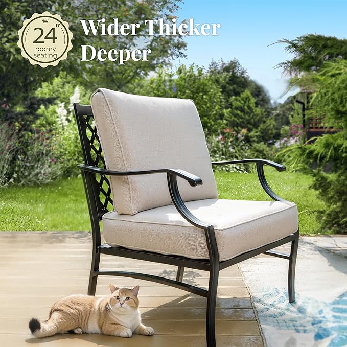 Patio Furniture Set, 6 Pcs Metal Outdoor Conversation Set, 2 Single Chairs, 2 Ottomans and 3 Seater Sofa with 5.75" Extra Thick Cushion and Gas Fire Pit Table, Beige