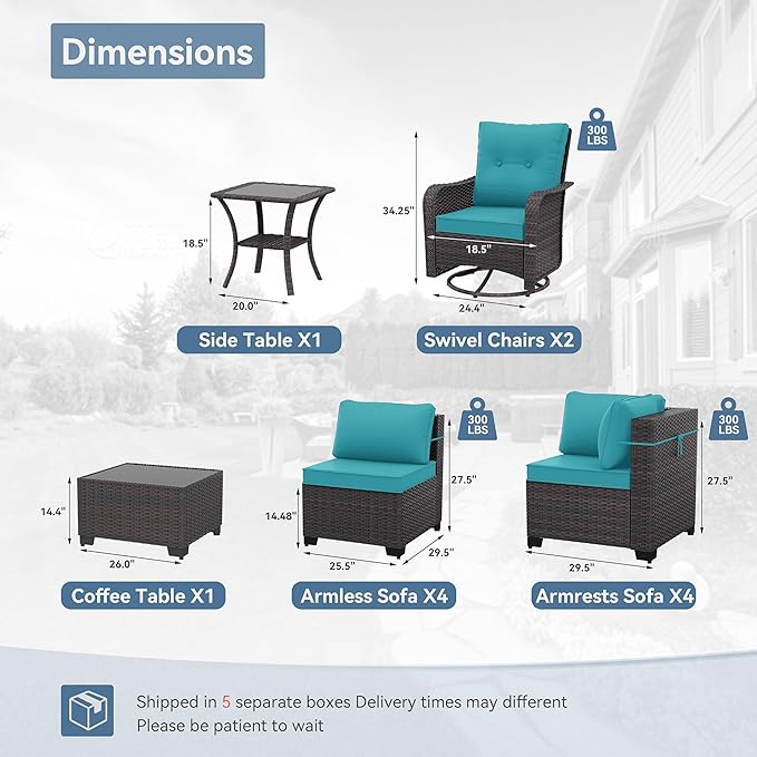 Kurapika 12 Pieces Patio Furniture Set, Rattan Wicker Sofa Set, Outdoor Conversation Sets w/Swivel Rocking Chairs Patio Sectional Sofa w/4 Inch Cushion, Blue
