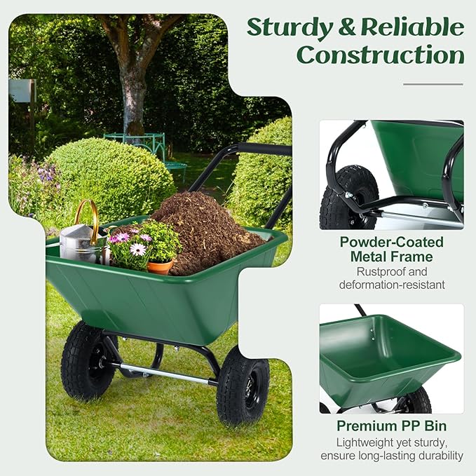Goplus 2 Wheel Wheelbarrow, 330 LBS Utility Garden Cart with 10” Pneumatic Tires & Handle, 21 Gal Volume, Yard Dump Cart Wheel Barrow, Heavy Duty Wheel Barrow for Lawn
