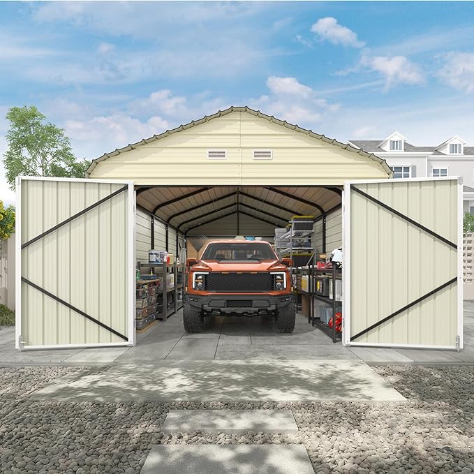 EROMMY 12x24 FT Heavy Duty Carport - Galvanized Steel Frame Car Shelter with Reinforced Base, Enclosed Storage Shed for Cars & Trucks, Gray