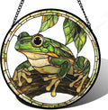 DASTOLL Stained Glass Window Hanging, Frog Green Leaf Sun Catchers Colorful Glass Panel Cool Suncatcher Decor for Birthday for Women, Men, Wife, Aunt, and Mom 14.9x14.9 in