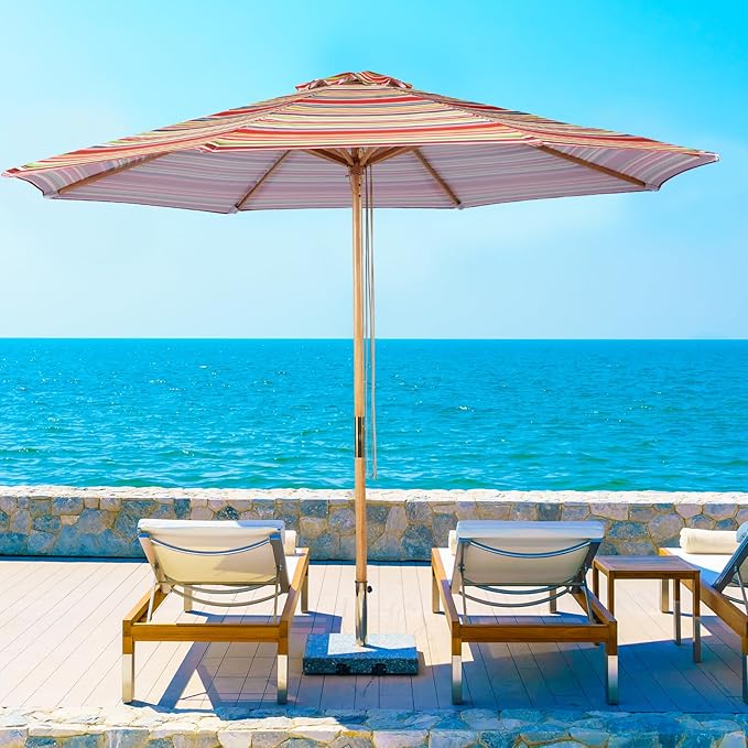 9ft Bamboo Umbrella, Outdoor Patio Umbrella, Waterproof Market Umbrella, 8 Ribs Table Umbrella with Pulley Lift for Garden, Deck, Pool, lawn, Backyard