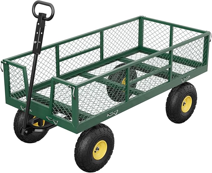 900 LBS Garden Cart on Wheels with Adjustable Handles, Heavy Duty Steel Garden Wagon with Removable Mesh Sides to Convert into Flatbed, Wagon Cart for Lawn Farm Yard, Green
