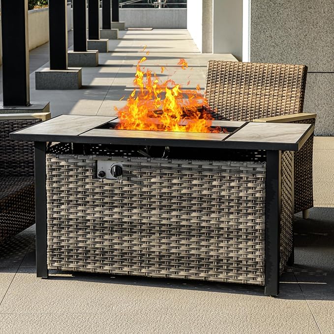 47" Propane Fire Pit Table with Real Ceramic Tabletop & Ratten Side Panel, 50000 BTU Gas Firepit Table with Lid & Lava Stones, Outdoor Fire Pit for Dining or Party, Firepit for Outside, Patio