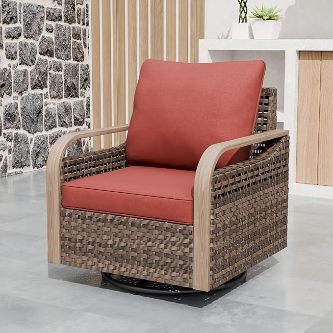 EAGLE PEAK Modern Wicker Outdoor Glider Rocking Chair, Swivel Rocker, Rattan Patio Furniture for Yard Deck Porch Garden, 1 Chair, Brown/Red