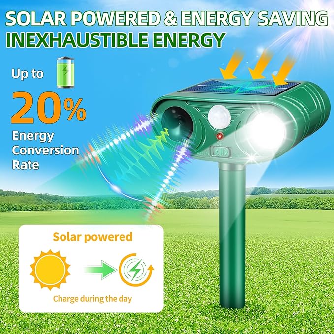 Solar Ultrasonic Animal Repellent Outdoor 2 Pack Cat Rabbit Squirrel Dog Deer Repellent Devices Coyote Skunk Raccoon Fox Deterrents Light Animal Repeller with Motion Sensor for Yard Garden