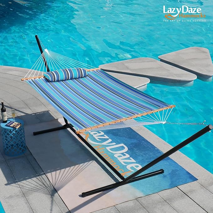 Lazy Daze Hammocks 12 FT Sunbrella Fabric Hammock with Spreader Bars and Free Pillow Fits for 2 Persons, All Weather and Fade Resistant for Patio Yard, 450 lbs Capacity, Dolce Oasis