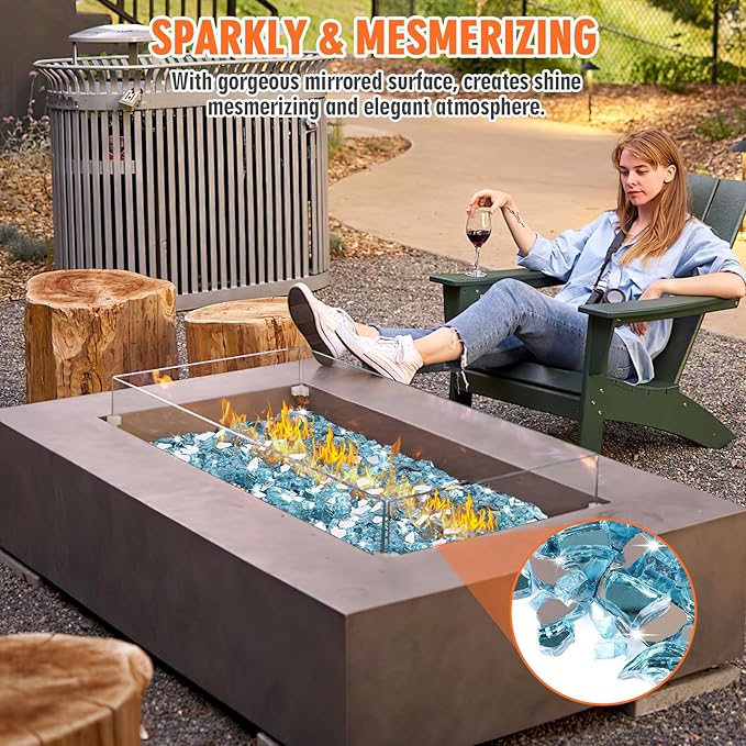 Mesida Fire Glass for Propane Fire Pit - 10 lb Reflective High Luster Glass Rocks, Caribbean Blue 1/4-Inch Fire Pit Glass for Indoor/Outdoor Fireplace & Fire Table, Tempered Decorative Firepit Rocks
