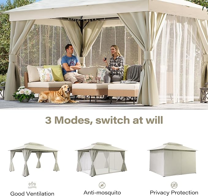 LAUSAINT HOME Gazebo 10x13ft, Heavy Duty Patio Gazebo with Expansion Bolts, Party Canopy Tent with Double Roofs, Mosquito Nettings and Privacy Screens for Backyard, Garden, Lawn, Cream White