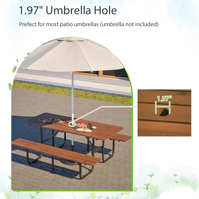 Rueekfil 72" Rectangular Commercial Picnic Table with Wooden Top, Metal Legs, Durable Outdoor Dining Table Camping Table with 1.97" Umbrella Hole for School, Warehouse, Brown