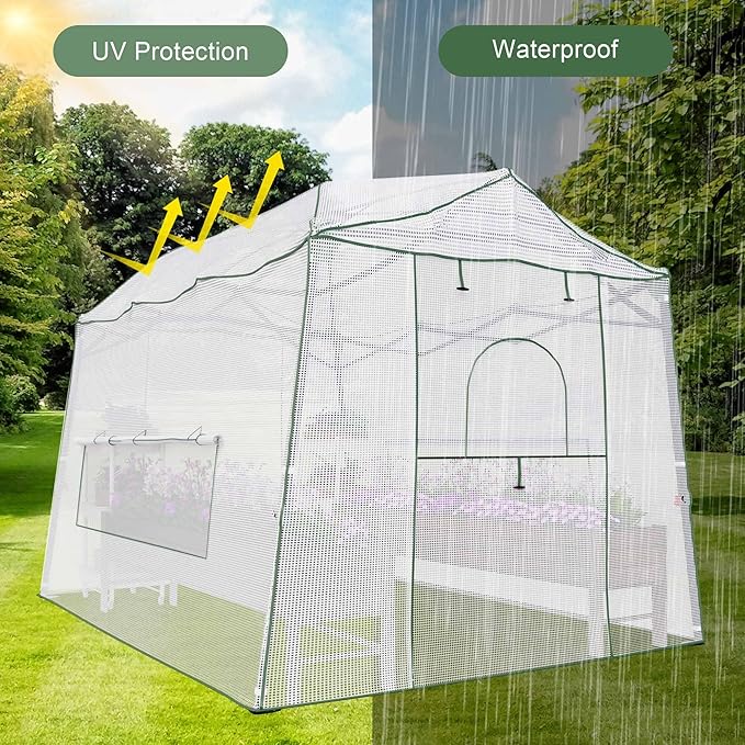 8.5 x 7 ft Walk-in Greenhouse, Portable Pop-up Green House 3 Adjustable Hights Heavy Duty Plant Gardening Canopy with Durable PE Cover for Indoor Outdoor (Clear and White)