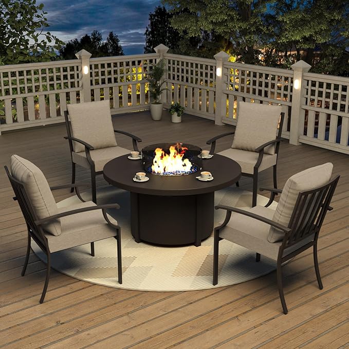 Kurapika 5 Piece Metal Outdoor Patio Furniture Set with Round Fire Pit Table, Patio Conversation Sets 4 Fixed Chairs with Thick Cushion and 40000 BTU Fire Pit Table, Sand