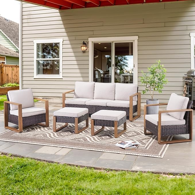 Belord 5 Piece Outdoor Wicker Patio Conversation Furniture Set Deep Seating, Metal Wide Armrests Patio Sofa Set with Rattan Chairs Ottomans for Porch Deck Sunroom Backyard