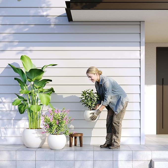 DTY Signature Mount Sherman Modern Indoor Outdoor Fiberstone Sphere Planter, Durable Round Garden Pot, Weather Resistant, Drainage Hole & Rubber Plug, Planter for Christmas Tree - Large, White