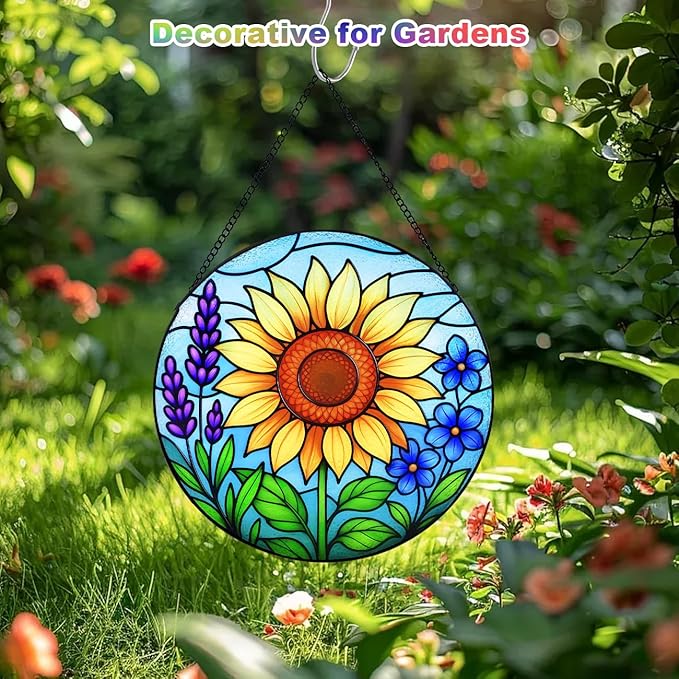 Sunflower Stained Glass Window Hanging – Round Sunflower Suncatcher for Window, Garden or Home Decor – Bright Floral Glass Panel Ornament (12 Inch)