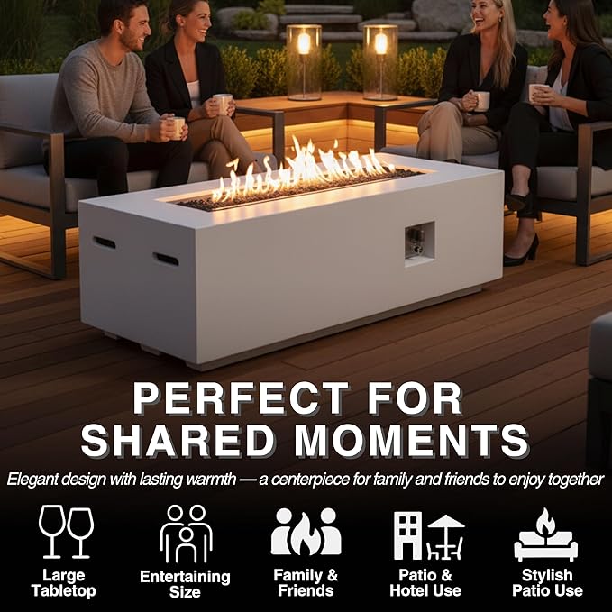 60-Inch Rectangular Outdoor Gas Propane Fire Pit Table,60,000 BTU Light Concrete Fire Table with Waterproof Cover, Tank Seat,Free Lava Rocks, for Outside Patio Backyard,White
