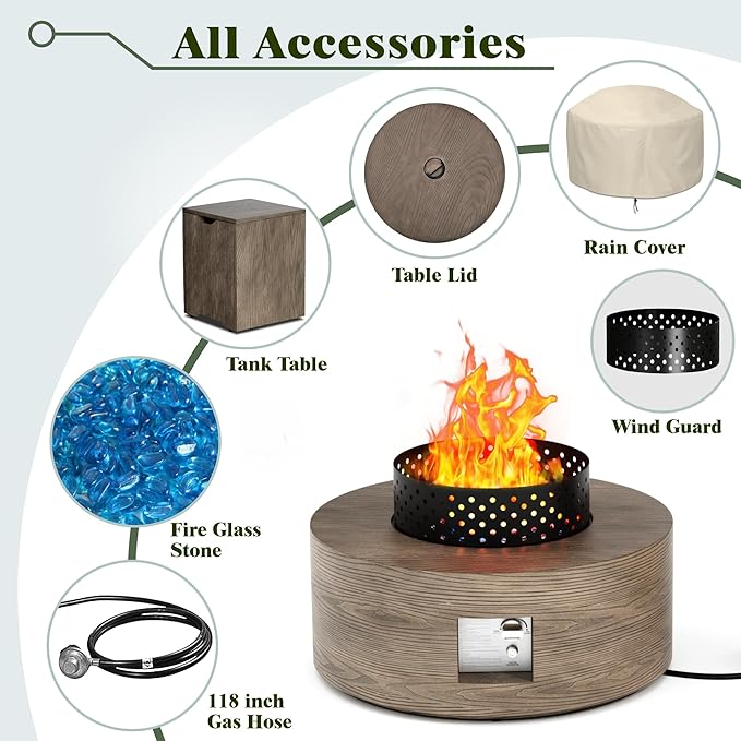 Dineli 2-Piece Outdoor Propane Fire Pit Table Set w Tank Table 30'' Round Fire Pit Table 2-in-1 Firepit Table for Outside Patio Gas Fire Pit Fireplace, 50,000 BTU, Brown with Wood Grain