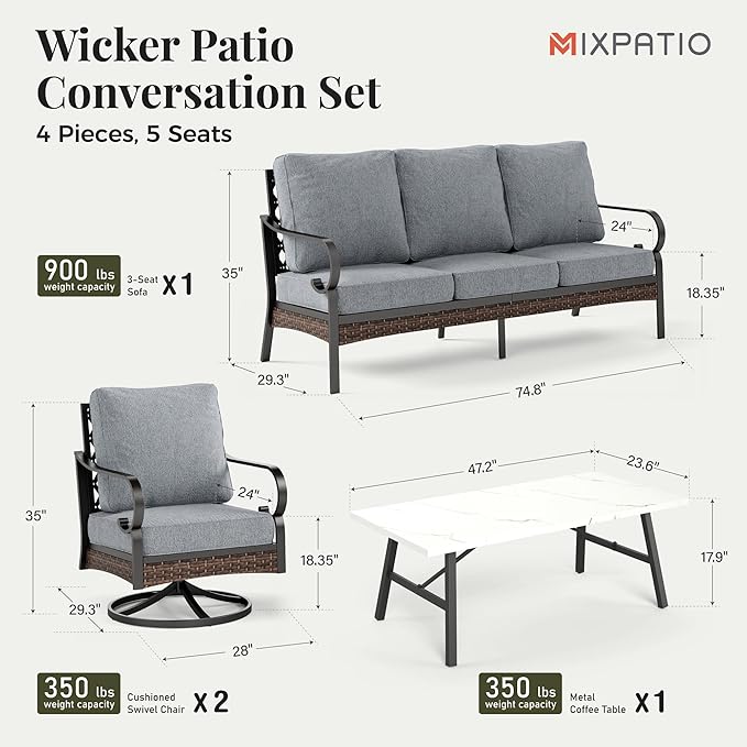 Patio Furniture Set with Coffee Table, Outdoor Conversation Set with 2 x Swivel Chairs, 1 x 3-Seat Sofa for Lawn Garden Backyard, Grey