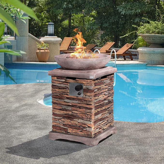COSIEST Outdoor Propane Fire Pit Table w Faux Brown Compact Ledge Stone 20" Square Base and Faux Rose-Marble Round Bowl, Certified, 40,000 BTU, Free Lava Rocks, Fits 20lb Tank Inside, Raincover