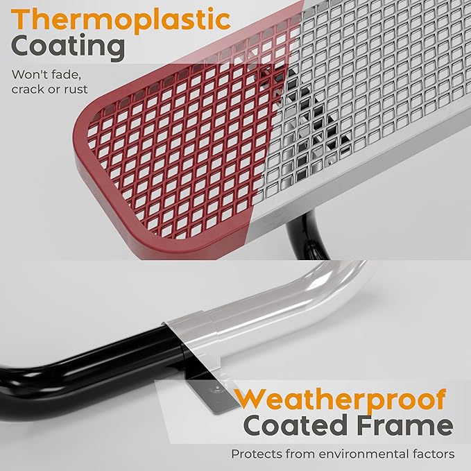 Commercial Heavy-Duty Metal Picnic Table - ADA Compliant, Adjustable Seats, Umbrella Hole, Expanded Metal (Red, 6' Rectangular)