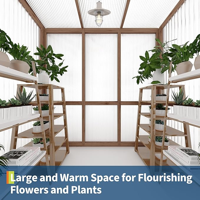 4x6FT Wooden Greenhouse with Cedar Frame, Outdoor Wood Greenhouses with Roof Vent, Wood and Polycarbonate Walk-in Greenhouse