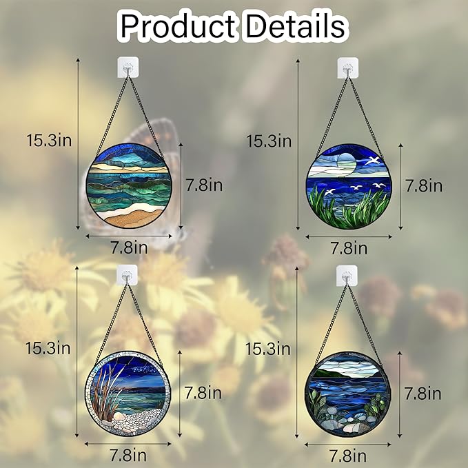 AMDERVEN Stained Glass Window Hanging 4 Pcs Set Navy Blue Ocean Landscape 7.8" - Suncatcher Door Garden Sun Catcher Decor Birthday Mother's Day for Mom Woman Nana Girl Boy Friend