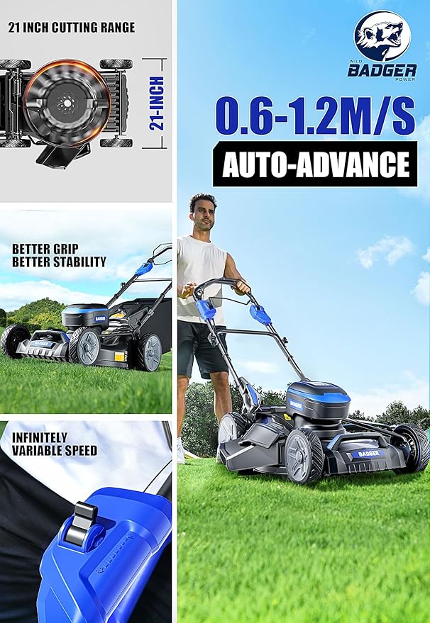 Wild Badger Power 40V 21″ Cordless Lawn Mower Brushless, 6,458 sq ft/0.148 ac, 2×4.0Ah Batteries & Fast Charger, 7-Position Heights,for Medium-to-Large Lawns