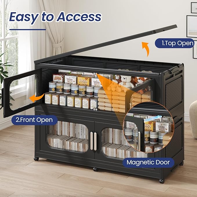 150Gal Exra Large Stackable Storage Bins with Lid, 600QT Collapsible Storage Box with 6x Wheels, Folding Plastic Cabinet Container with Door Drawer for Home Kitchen Office Dorm, 3Pack Black