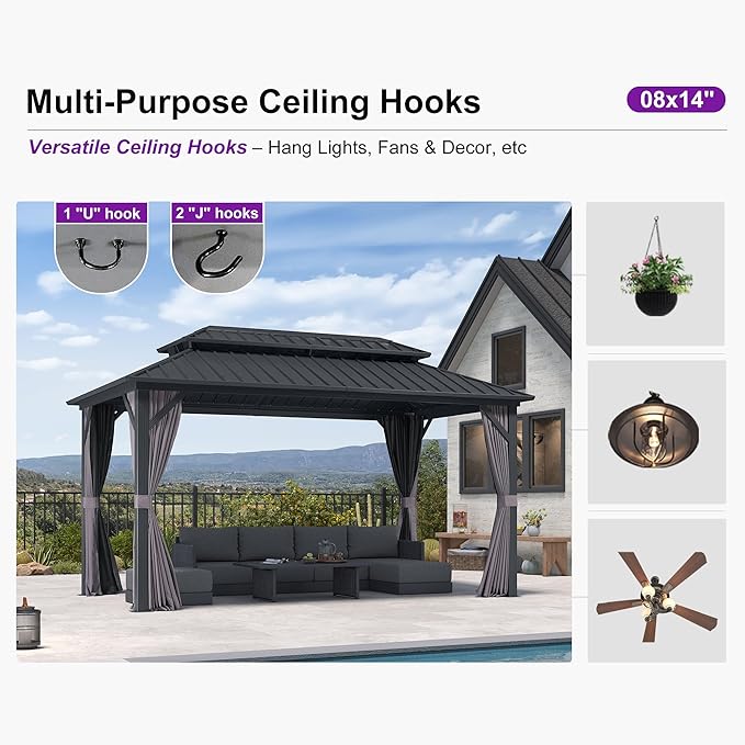 PURPLE LEAF 08'x14' Hardtop Gazebo with Lights Wind Resistant Galvanized Steel Dual Layer Double Roof Outdoor Patio Pavilion Including Netting and Privacy Curtains for Lawn Garden Backyard Grey
