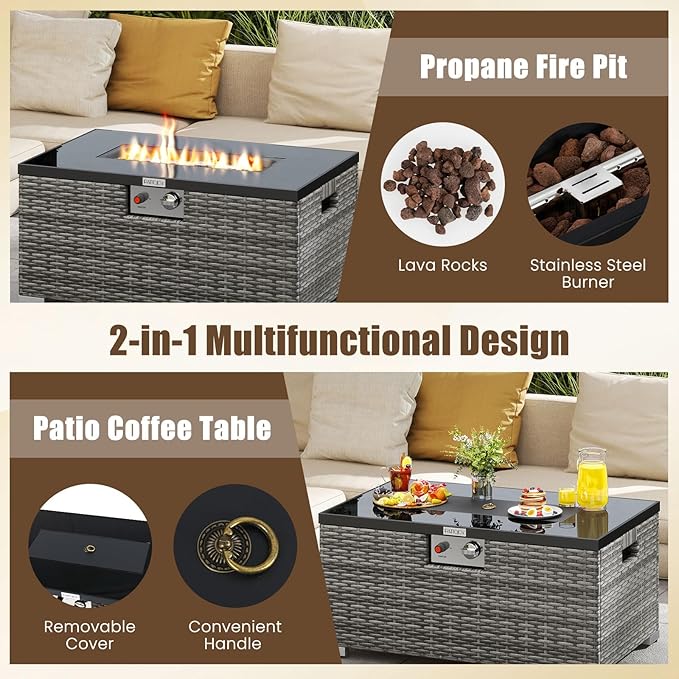 Tangkula 2 Piece Propane Fire Pit Table Set with Tank Cover, Outdoor Rattan Gas Firepit with Lid, Tempered Glass Tabletop, Protective Cover, 40,000 BTU Rectangle Fire Table Set for Outside (Mix Gray)