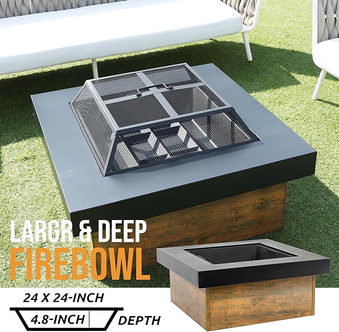 36" Firepits for Outside，Wood Burning Fire Pit with Wood-Grain Side Panels,Firepit for Outside with Mesh Cover & Fire Poker,Square Modern Outdoor Fireplace Fire Table.