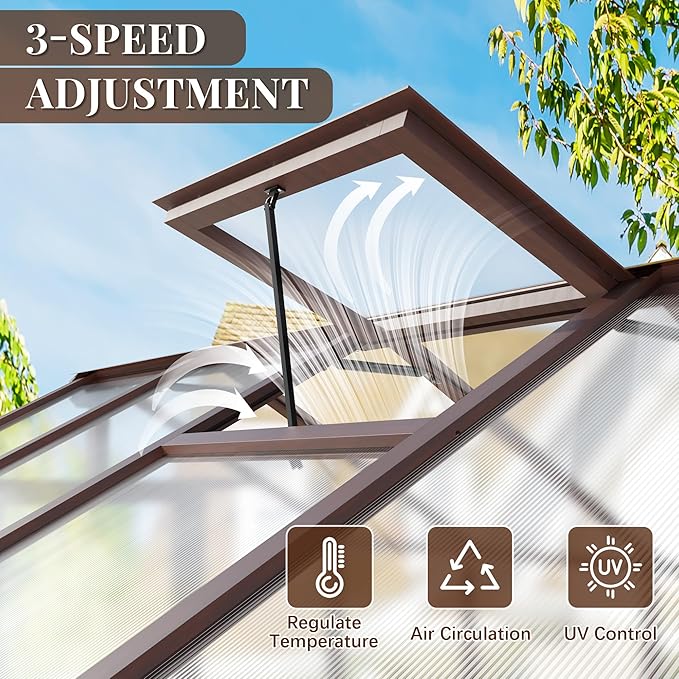 6x8 FT Greenhouse, Wooden Polycarbonate Greenhouse with 6MM Thick Polycarbonate Panel and Adjustable Roof Vents, Walk-in greenhouses for Outdoors for Garden Backyard, Patio, Lawn, Brown