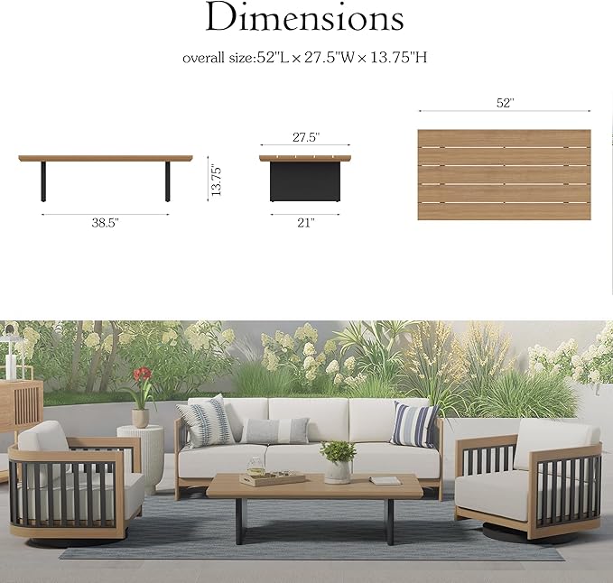 Ulax furniture Patio Aluminum Rectangular Coffee Table, Outdoor Patio Table