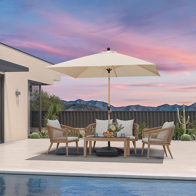PURPLE LEAF 8' x 8' Square Outdoor Table Umbrella with Base Patio Umbrella Aluminum Market Umbrella with Push Button Tilt & Crank and 8 Ribs Outdoor Umbrella for Pool Backyard Beach, Beige