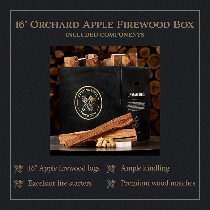 Orchard Apple Firewood Box by Cutting Edge – 16" Kiln-Dried Logs for Fireplaces & Hearths | Subtle, Fruity Aroma & Warm Glow | Includes Fire Starters, Kindling & Matches | Ideal for Pork & Poultry