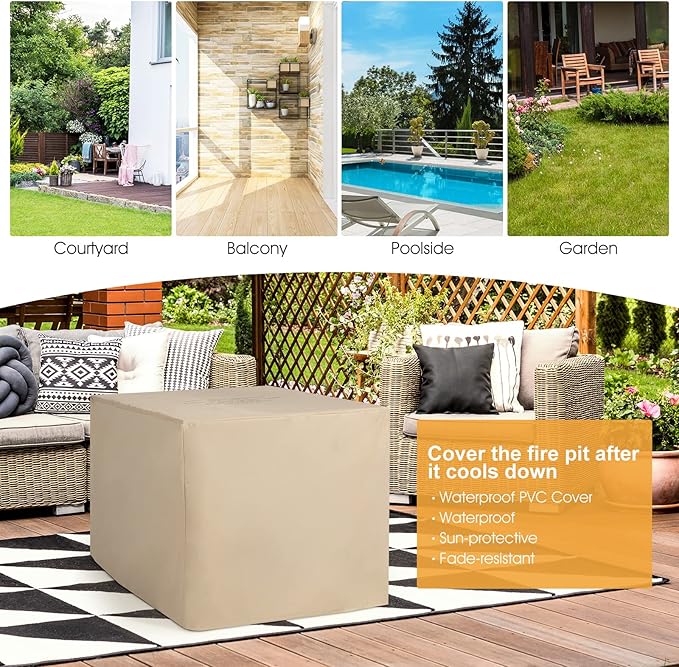 Tangkula 35 Inch Rattan Propane Gas Fire Pit Table, Patiojoy 50,000 BTU Outdoor Wicker Patio Propane Fire Pit w/Lid, Lava Rocks and PVC Cover, Auto-Ignition Square Firepit Table with Marble Tabletop