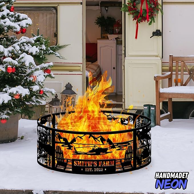 Personalized Camping At The Lake House Fire Pit Ring 360 Degree, Custom Name Metal Outdoor Campfire Pits, Wood Burning, Fireplace, Firepit, Bonfire, BBQ Garden Decor, Gift For Family