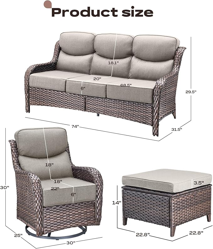 Rilyson Wicker Outdoor Patio Furniture Set - 5 Piece Patio Conversation Sets with Swivel Rocker Chairs, Ottomans and Sofa, 6 inch Cushions, Waterproof Wicker, for Porch Deck Brown/Beige