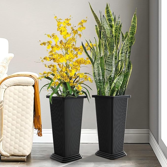 Set of 2 Large Tall Planter for Indoor or Outdoor 24" Flower Pots Tapered Tall Planters with Tray for Porch, Patio, Backyard, Large Planters for Outdoor Indoor Plants(Black,Striped)