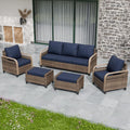EAGLE PEAK Modern Wicker Outdoor Patio Furniture Set, Patio Conversation Set, 2 Chairs, 3-Seat Loveseat and 2 Ottomans, 5 Pieces, Brown/Blue