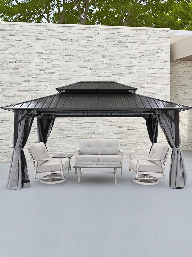 SEEHILL 12' x 16' Hardtop Gazebo, Outdoor Patio Gazebo, Aluminum Frame Patio Hardtop Gazebos with Netting and Curtain, Outdoor Patio Pergola with Double Steel Roofs for Deck, Lawns, Garden, Slate Gray