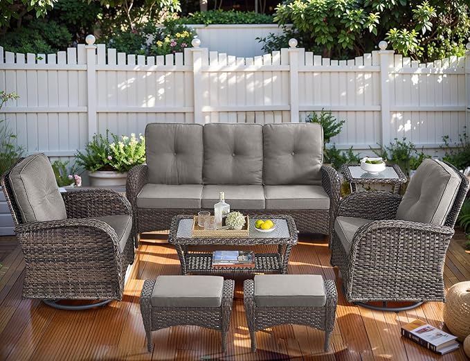 HUMMUH 7-Piece Outdoor Patio Furniture All-Weather PE Wicker Outdoor Conversation Set-Patio Couch Swivel Rocker Chairs with Ottomans Tables for Backyard,Poolside,Deck