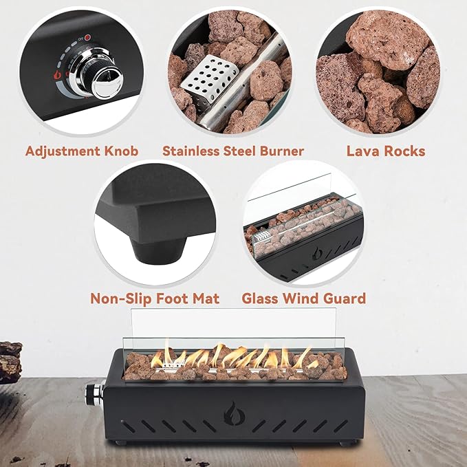 ONLYFIRE OUTDOOR LIVING 18" Propane Gas Fire Pit with Glass Wind Guard & Lava Rocks, Portable Tabletop Smokeless Firepit Side-Mounted for Patio Backyard Camping Tailgating RV, Hose Included, FP026