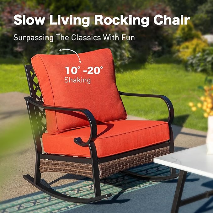 SUNSHINE VALLEY 4 PCS Metal Outdoor Patio Furniture Set, Patio Conversation Sets 3-Seater Sofa, 2 Rocking Chairs with 5.75" Extra Thick Cushion & Coffee Table, Black Frame Backyard Furniture, Rust Red