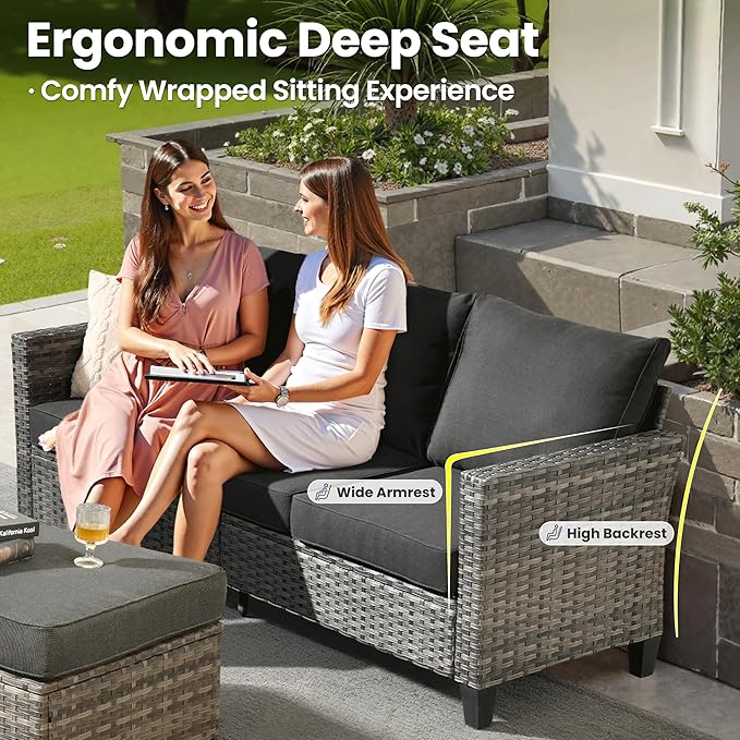 ovios 7 Pieces Patio Furniture Set with 42" Fire Pit Table, Outdoor Wicker Sofa with Swivel Chairs, All Weather High Back Rattan Couch Conversation Set, Black